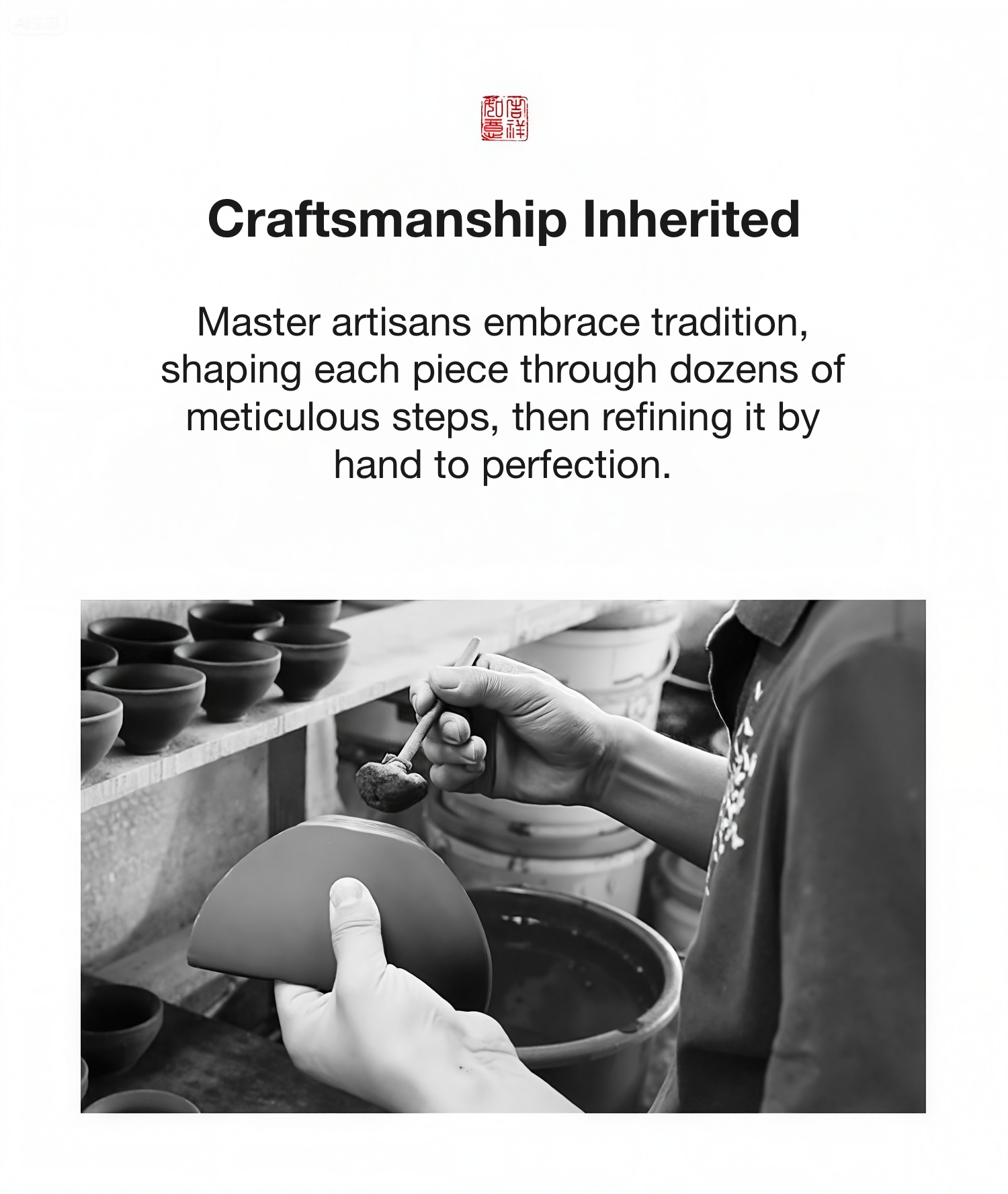 Person working with pottery, with text about craftsmanship and tradition.
