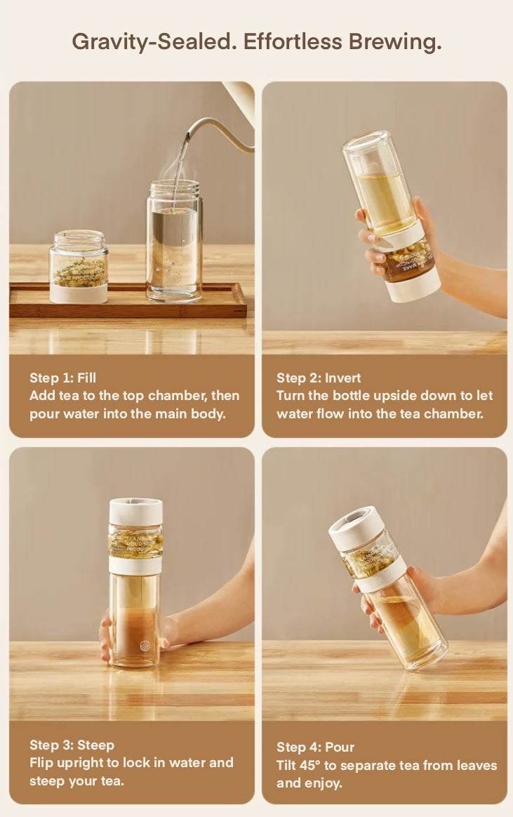 Instructions for using a gravity-sealed tea brewing device on a wooden surface.