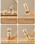 Instructions for using a gravity-sealed tea brewing device on a wooden surface.