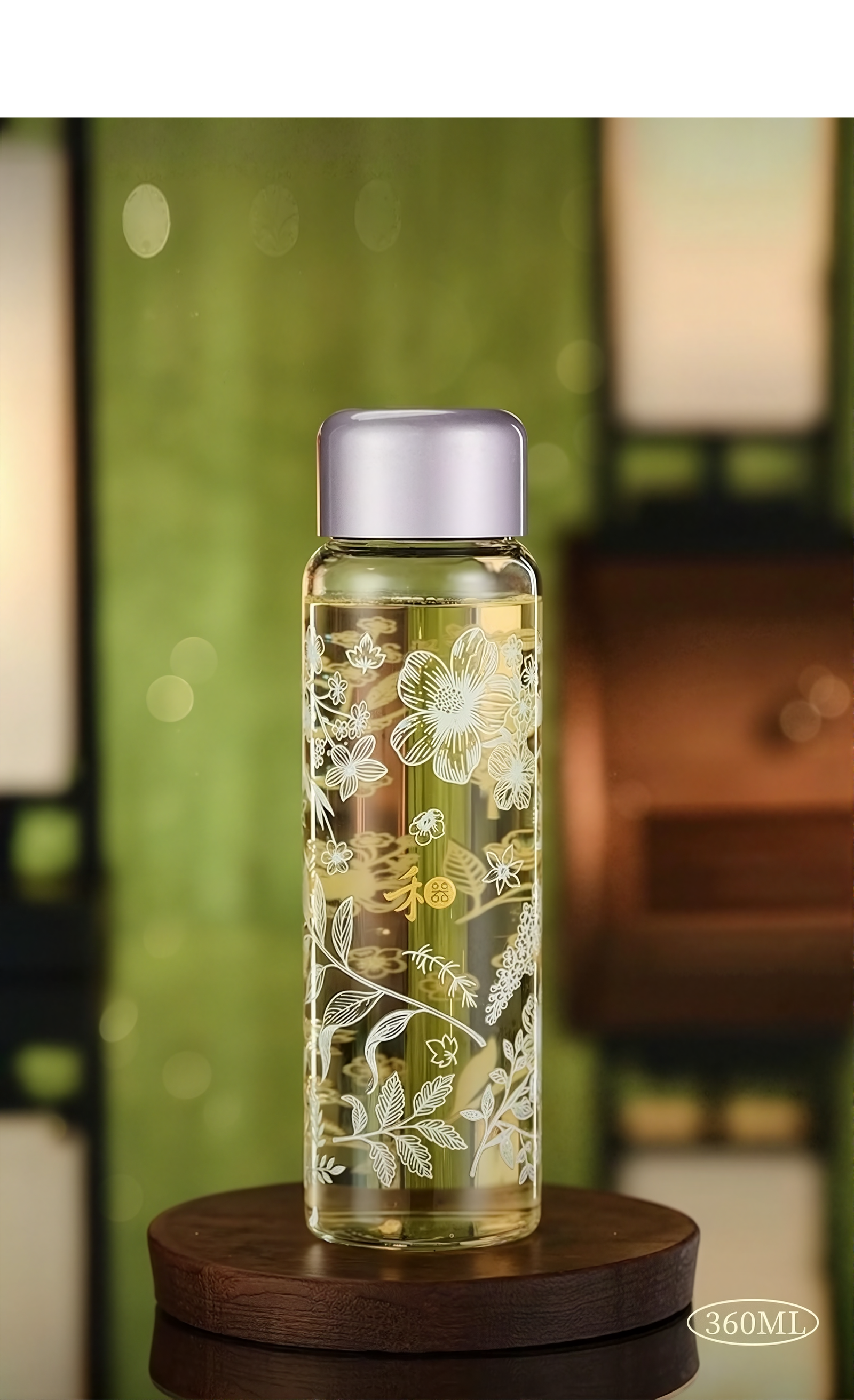 Clear glass bottle with floral design on a wooden stand against a blurred background