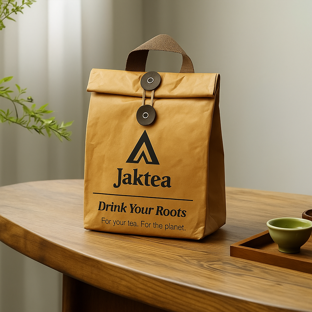 Jaktea reusable kraft paper tea tote with logo, eco-friendly insulated bag on wooden table.
