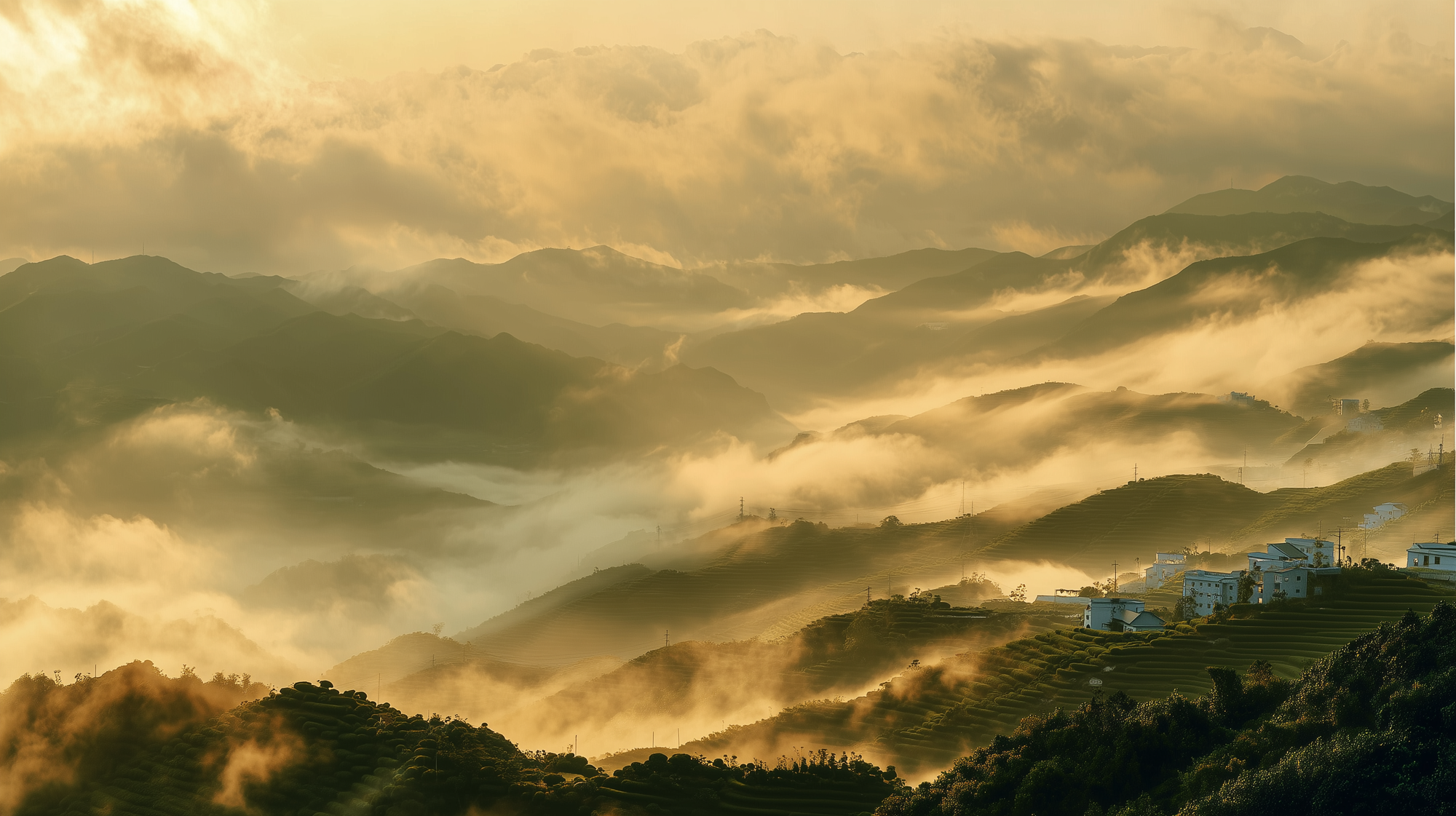 Golden morning mist over the Phoenix Mountain tea hills, with hillside villages nestled among the terraces — the birthplace of JakTea.