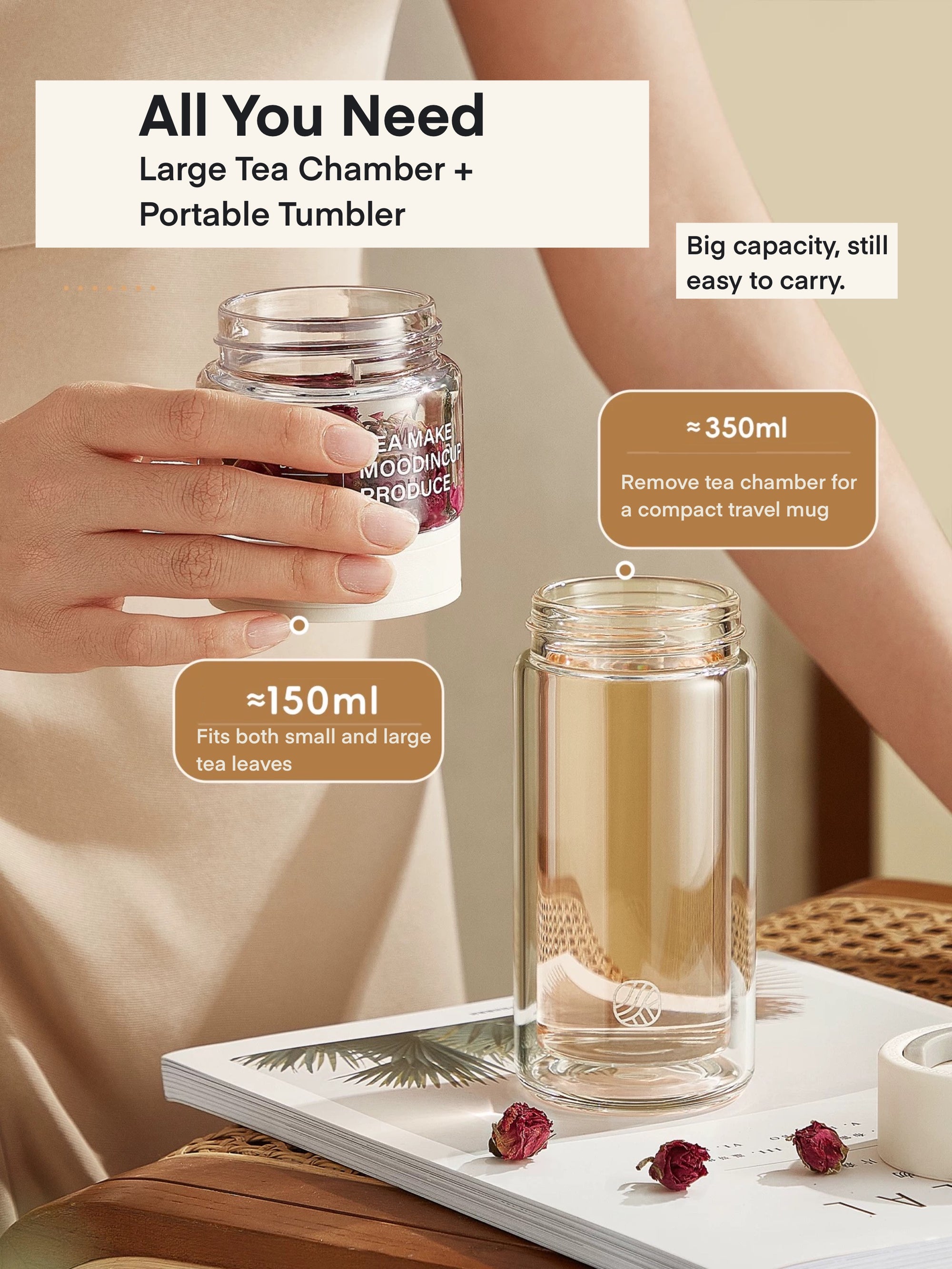 Glass tea chamber and tumbler with text on capacity and features, held by a person.