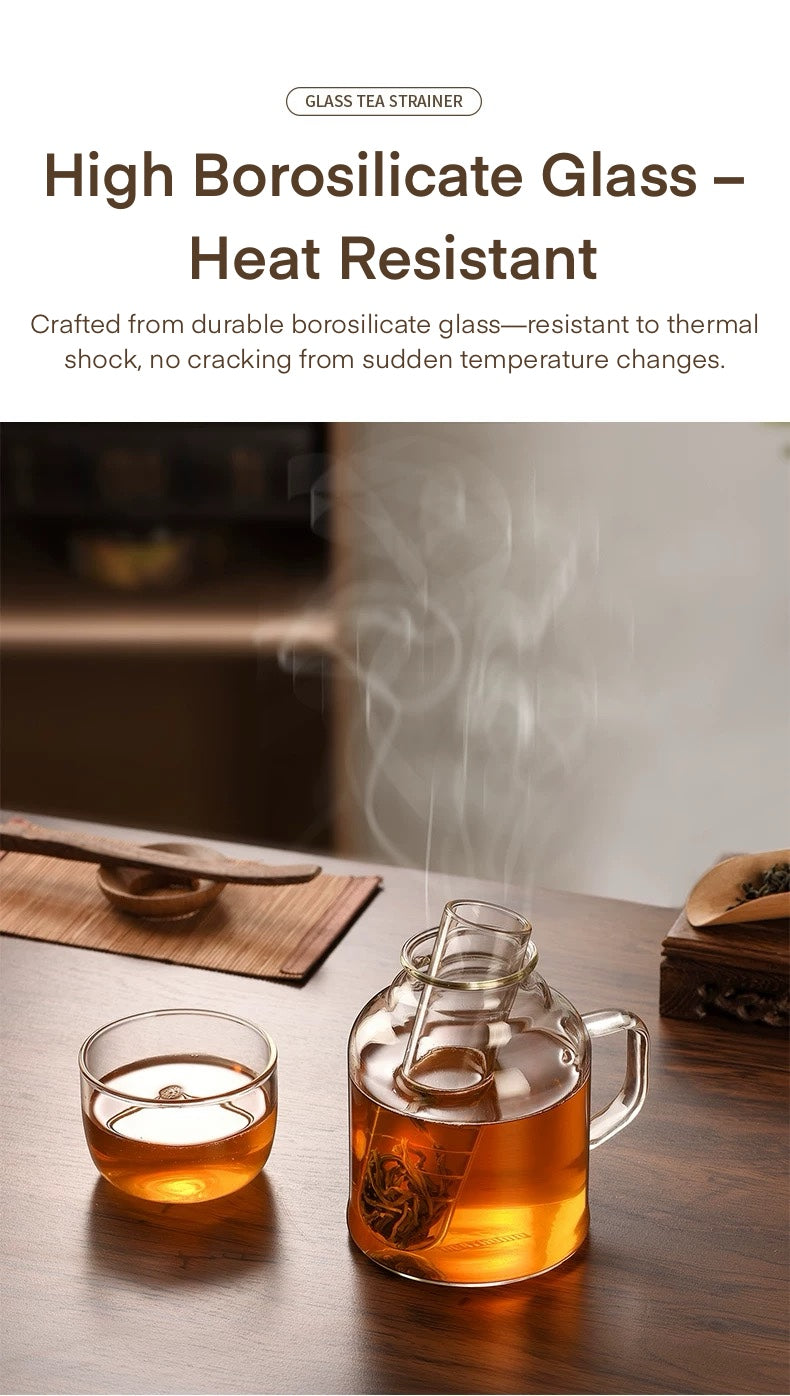 Glass tea set with steaming tea on a wooden table, featuring text about high borosilicate glass.
