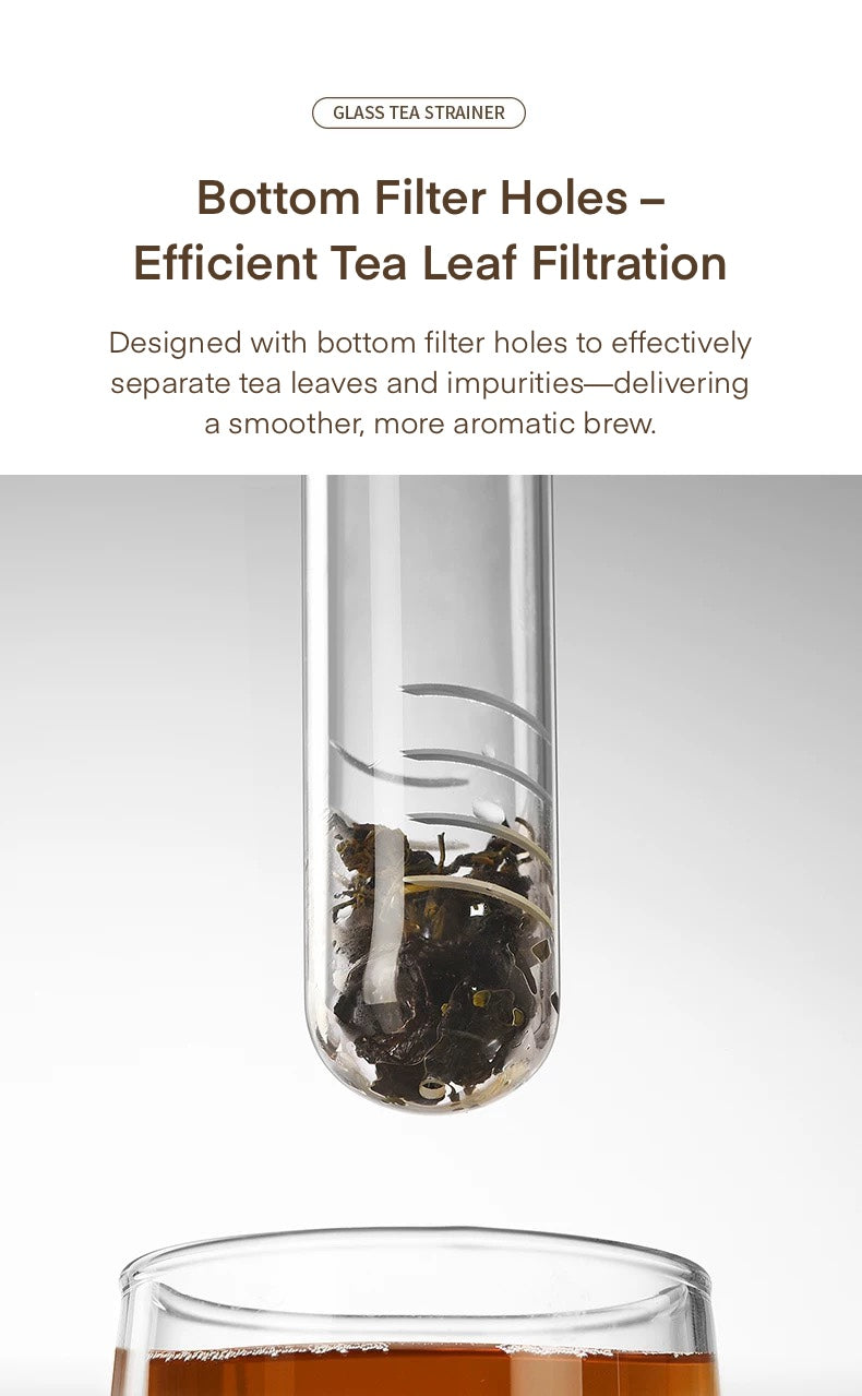 Glass tea strainer with tea leaves and a glass of brewed tea on a white background