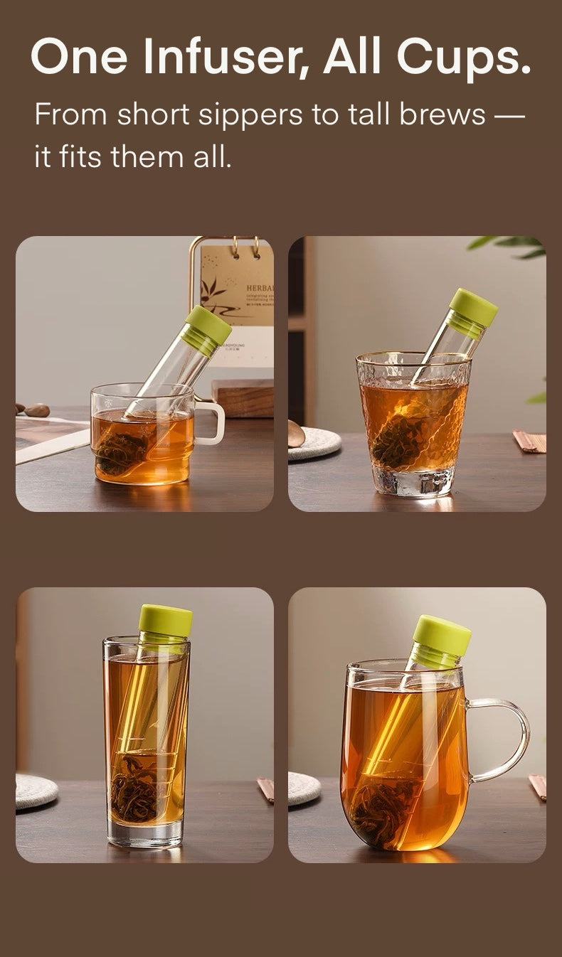 Tea infuser in use with different types of cups on a table.