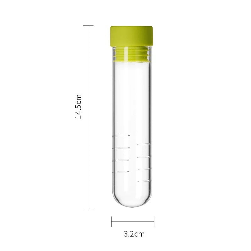 Clear glass water bottle with green lid and measurements on a white background