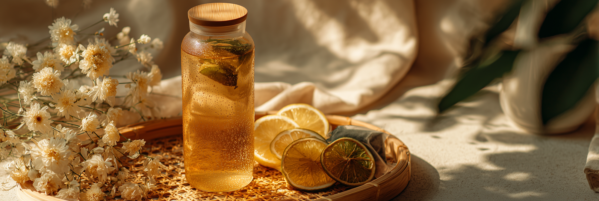 Summer cold brew Dancong tea in a bamboo-lid glass bottle with citrus, biodegradable tea bag, outdoor minimalist style.