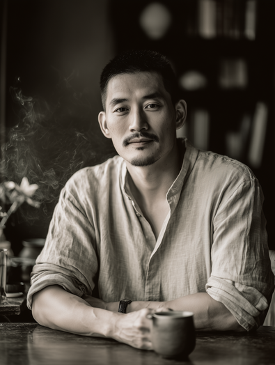ack, founder of Jaktea, a Chaozhou-born tea artisan in his mid-30s, sitting at a wooden table with a cup of tea, surrounded by a warm, smoky ambiance.