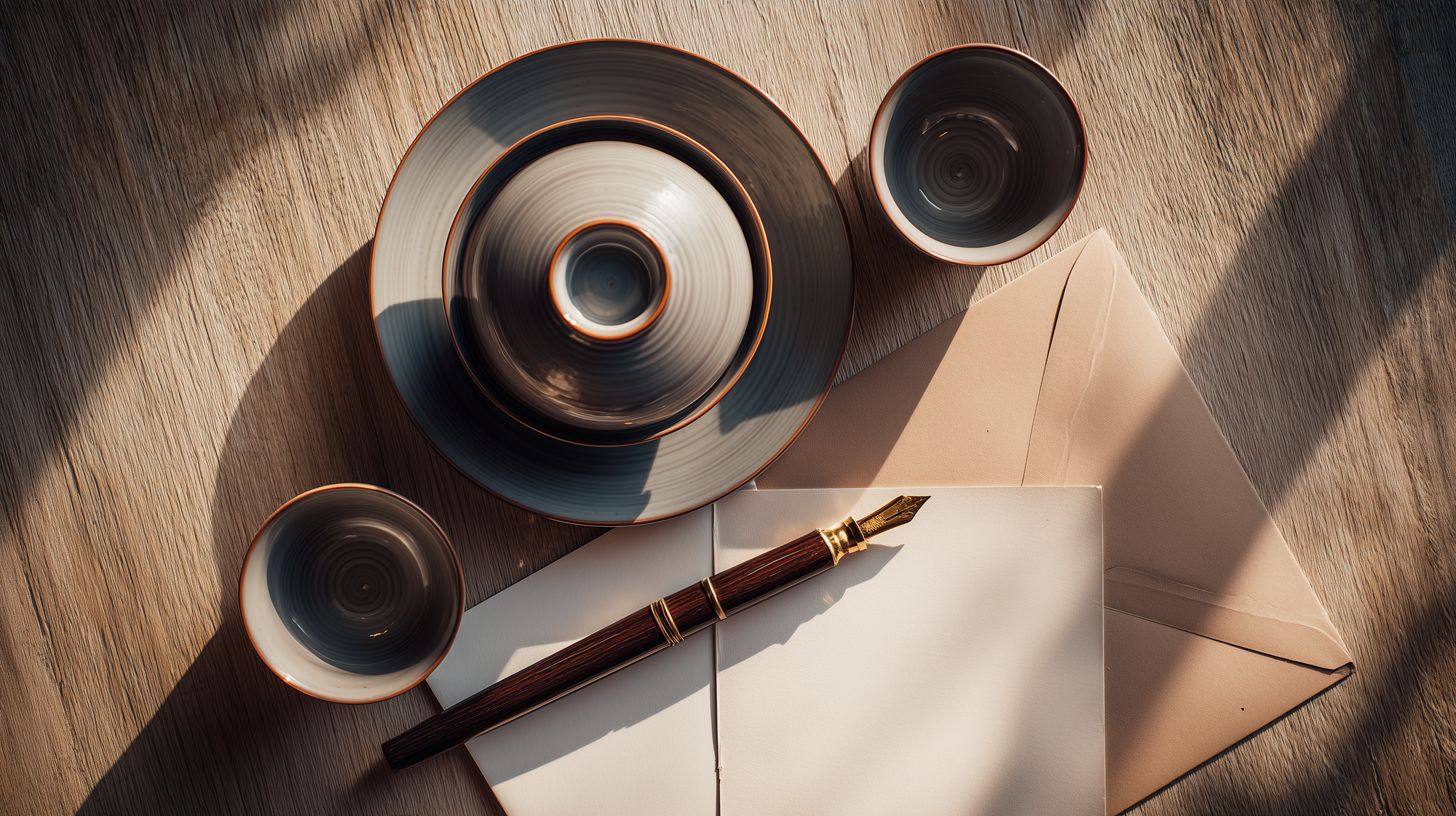 Minimal flat lay of a Chaozhou-style tea set with a gaiwan and teacups, alongside an envelope and fountain pen on a wooden table in warm sunlight.