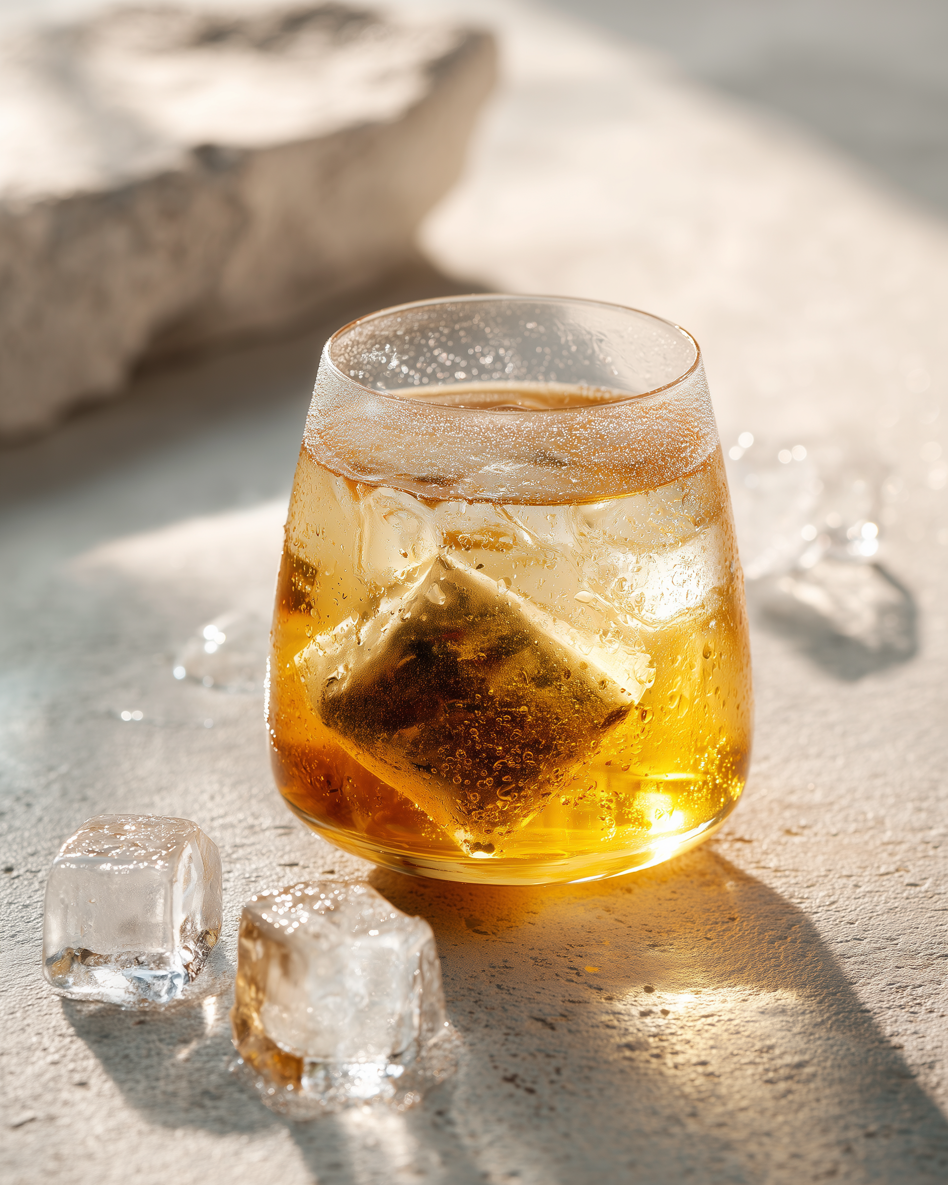 Glass of iced tea with a tea bag on a light surface, Jaktea, Dancong Oolong