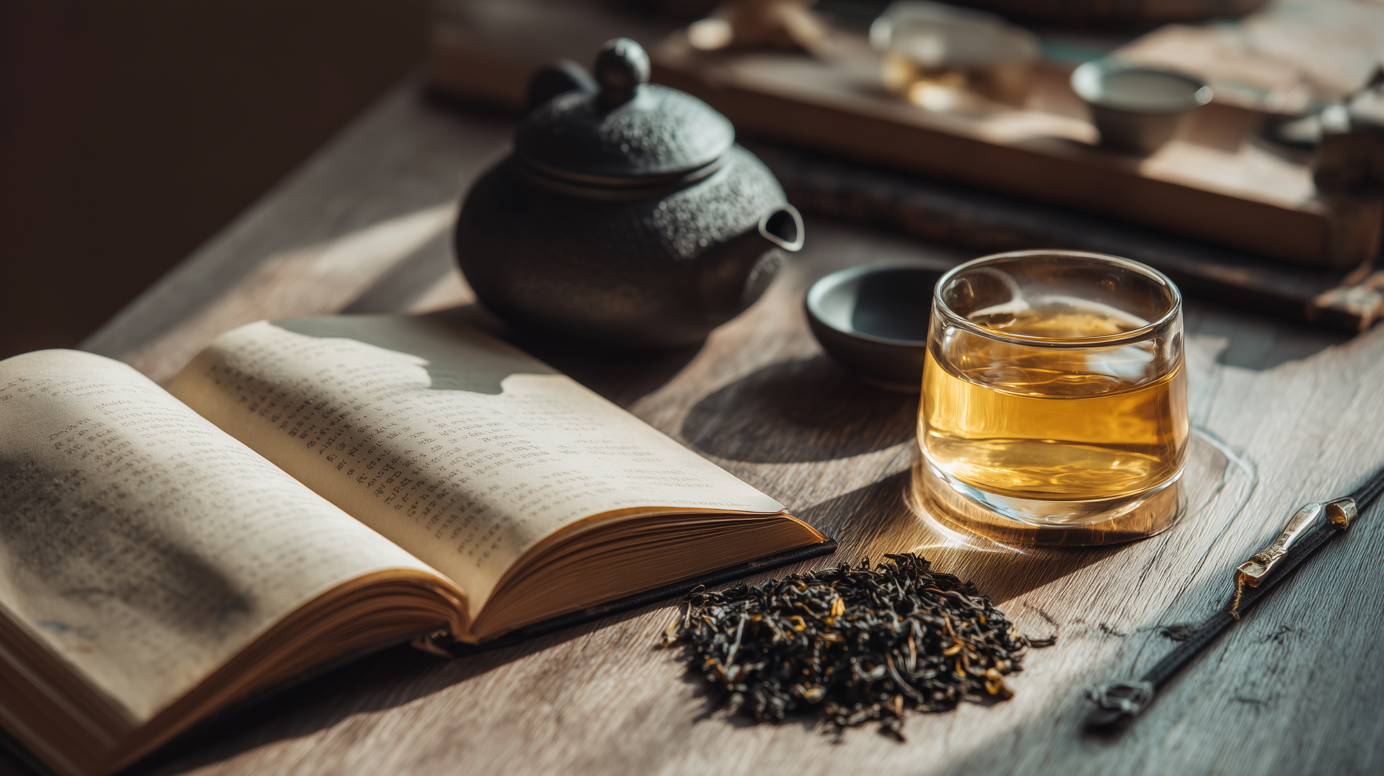 Chaozhou-style tea set with a gaiwan, glass of golden DanCong tea, loose leaves, and an open book on a wooden table in warm natural light.