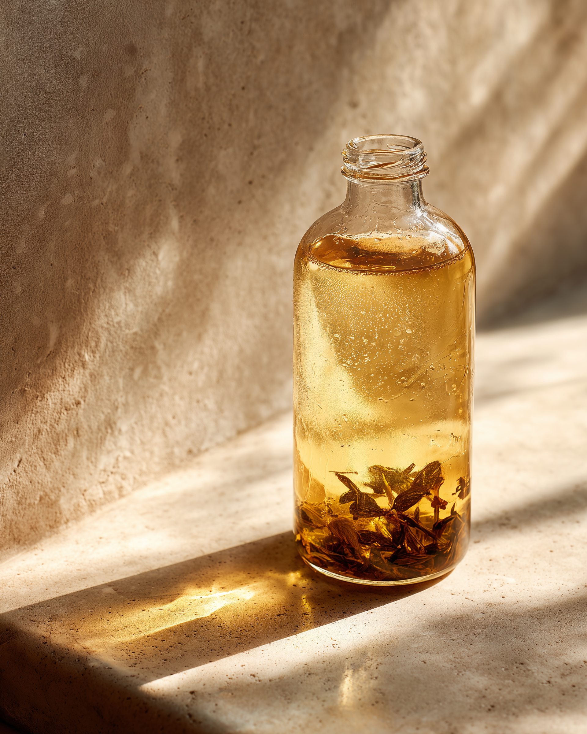 Glass bottle with liquid and tea leaves on a textured surface. loose leaf dancong oolong, cold brew, Jaktea