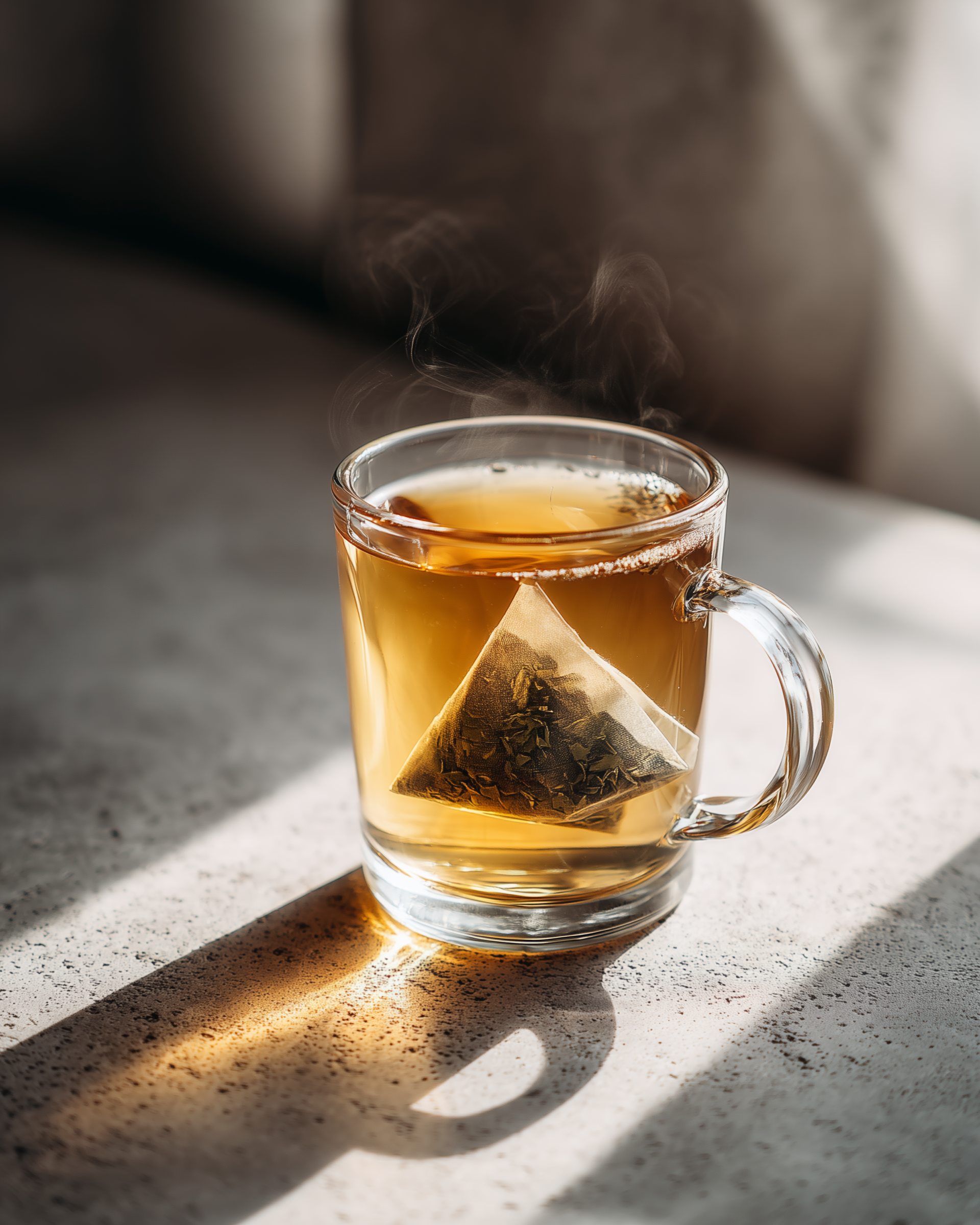 Steaming hot cup of tea with a tea bag in a clear glass mug on a concrete surface. Hot brew, tea bag, Jaktea