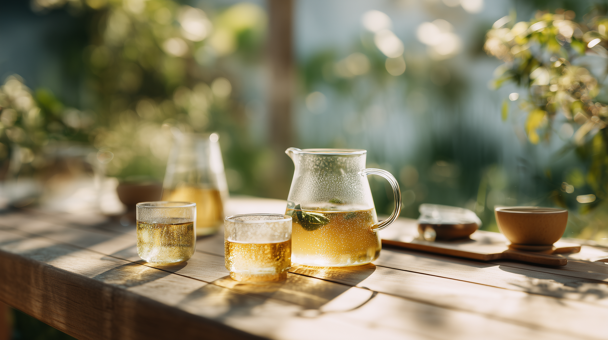 Tea glasses and a pitcher on a wooden table with a blurred natural background