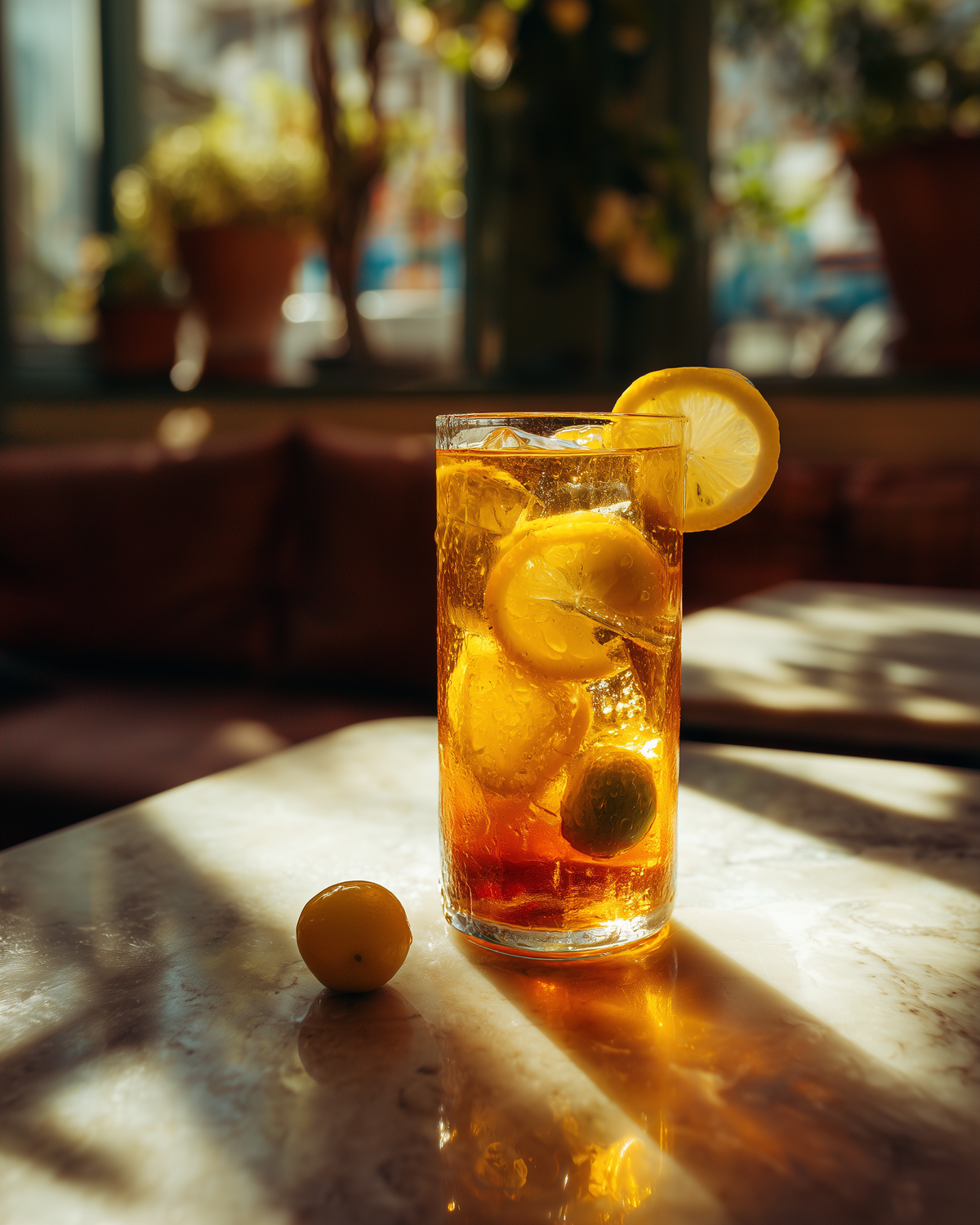 Duck Shit Aroma DanCong oolong cold brew with fragrant lemon and kumquats in a tall glass.