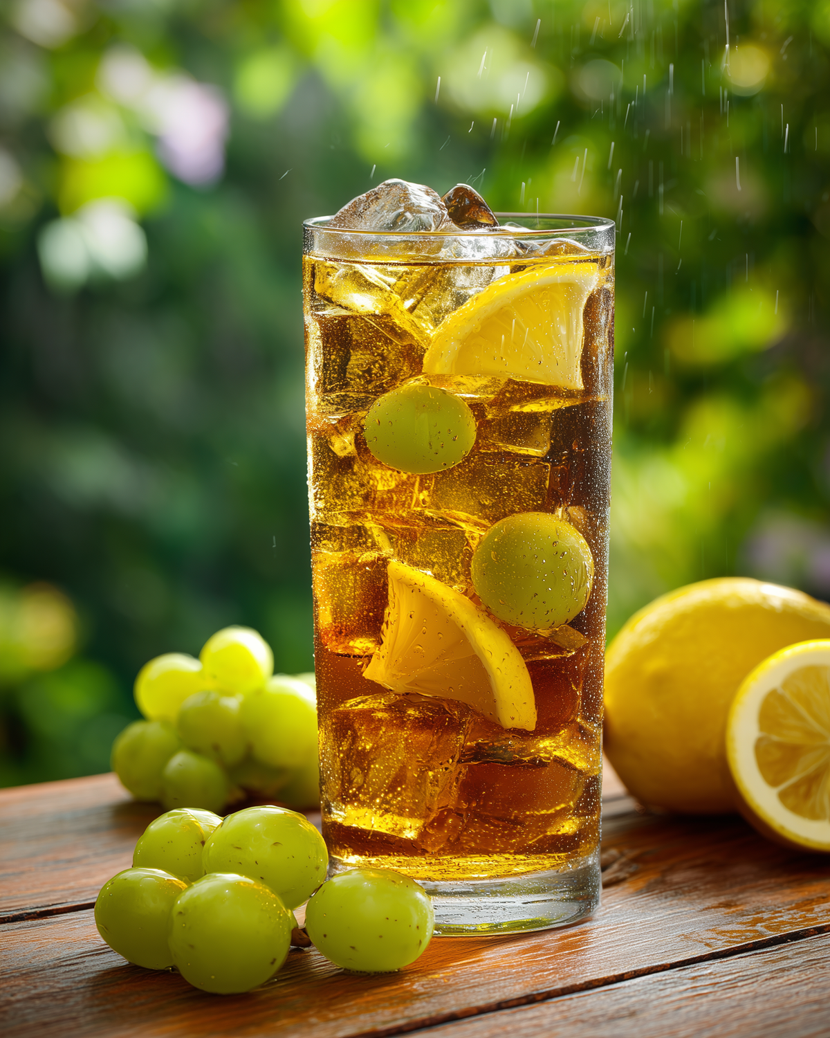 Duck Shit Aroma DanCong oolong cold brew with fresh green grapes and lemon slices in a tall glass.