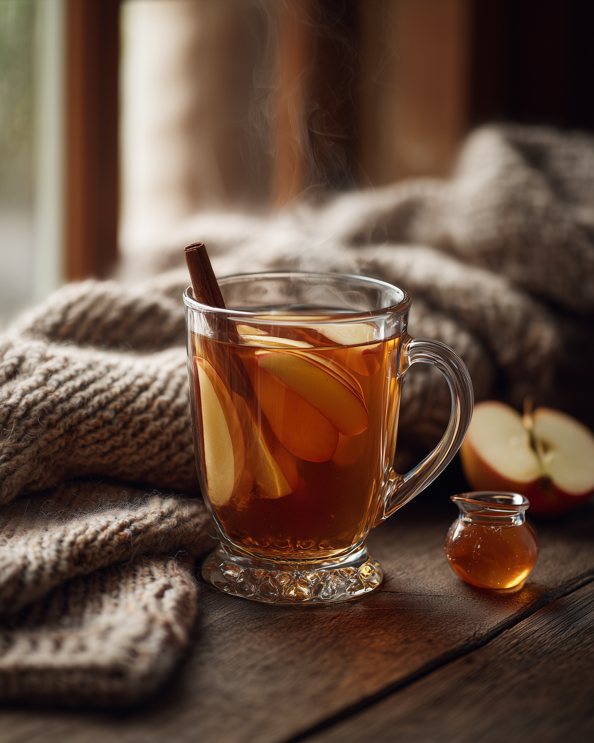 Cinnamon Apple Maple Oolong tea in a glass mug, garnished with apple slices and cinnamon stick.