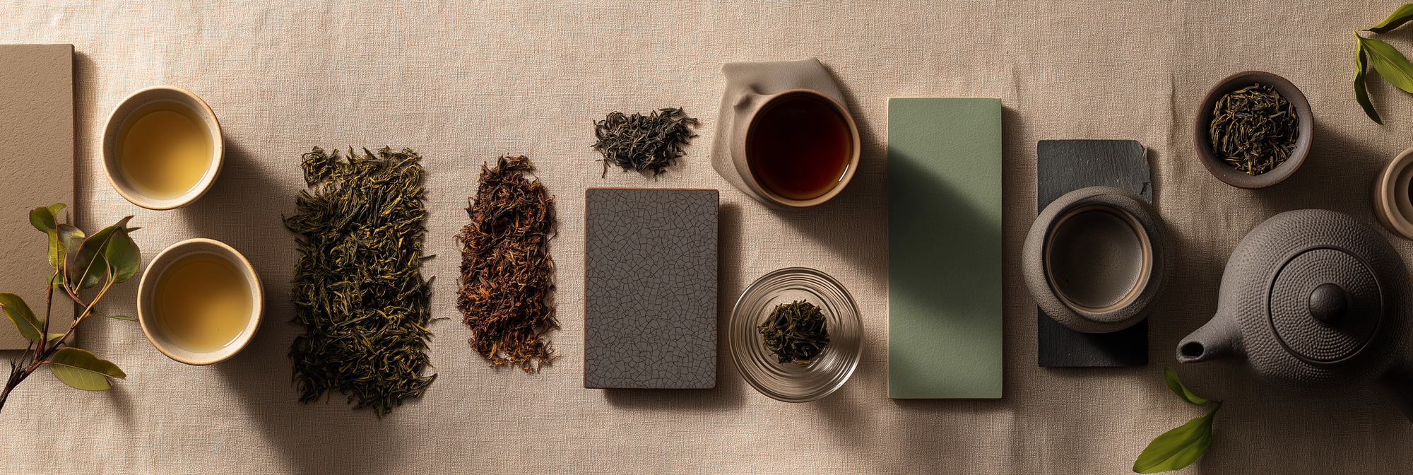 Tea-making setup with tea leaves, teacups, and a teapot on a textured surface.