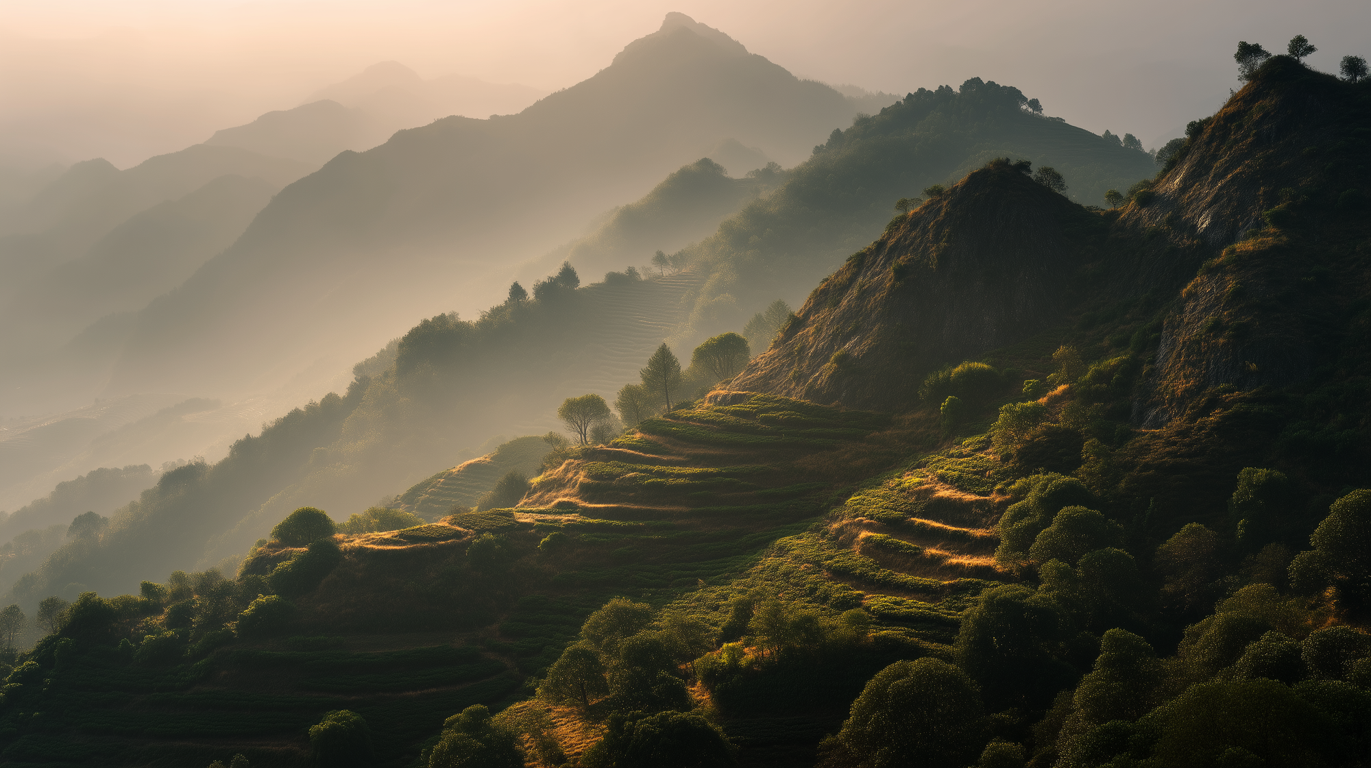Terraced tea fields on Phoenix Mountain bathed in morning mist and golden light.
