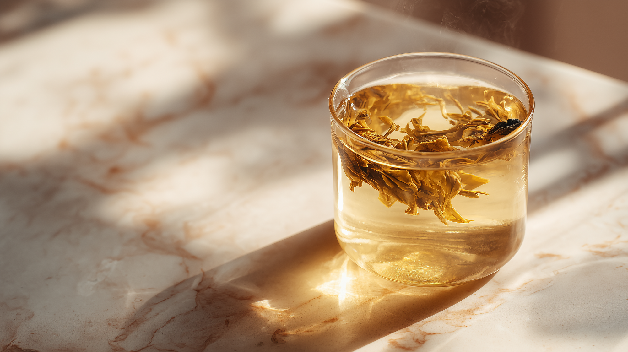 Glass of tea with leaves on a marble surface
