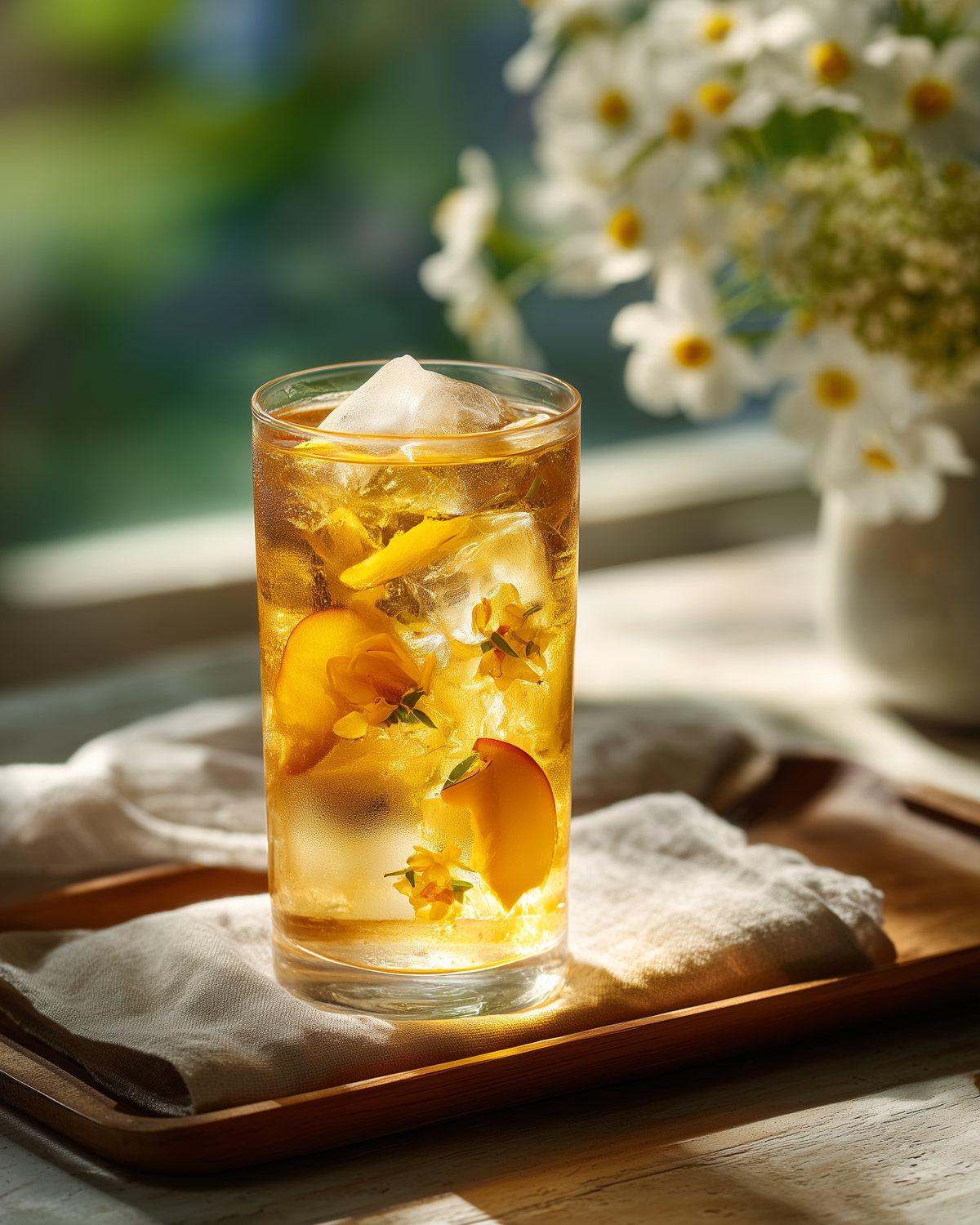 Honey Orchid DanCong oolong cold brew with peach slices and jasmine flowers in a clear glass.