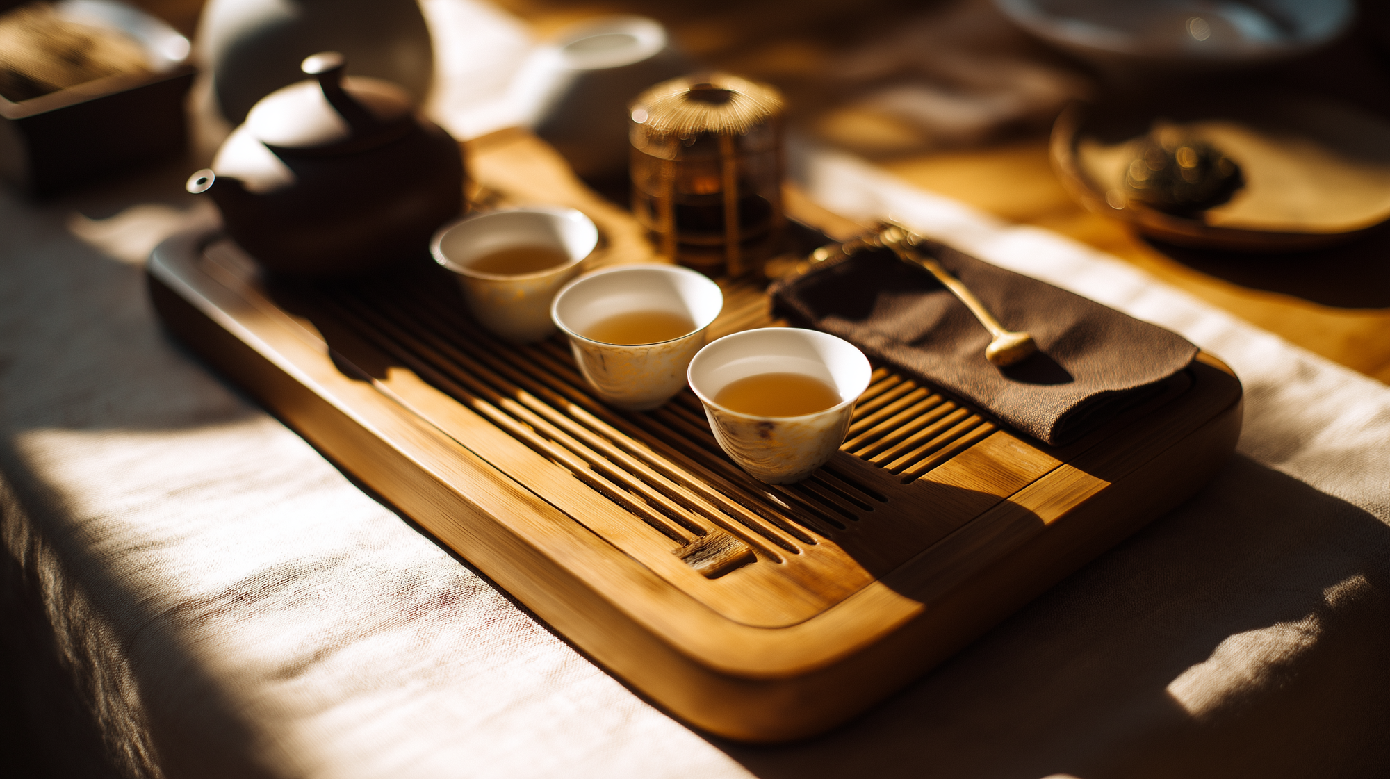 Tea set on a wooden tray with tea cups and a teapot, sunlit with a warm glow.