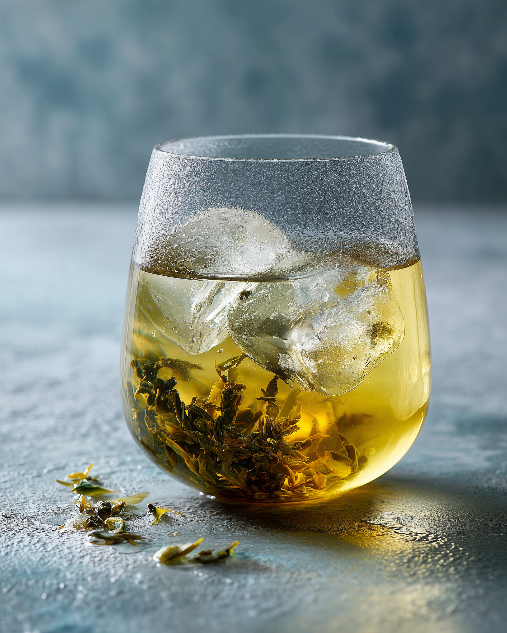 Glass of iced tea with ice cubes on a textured surface. Ice brew tea. Jaktea, dancong oolong. tea bag.