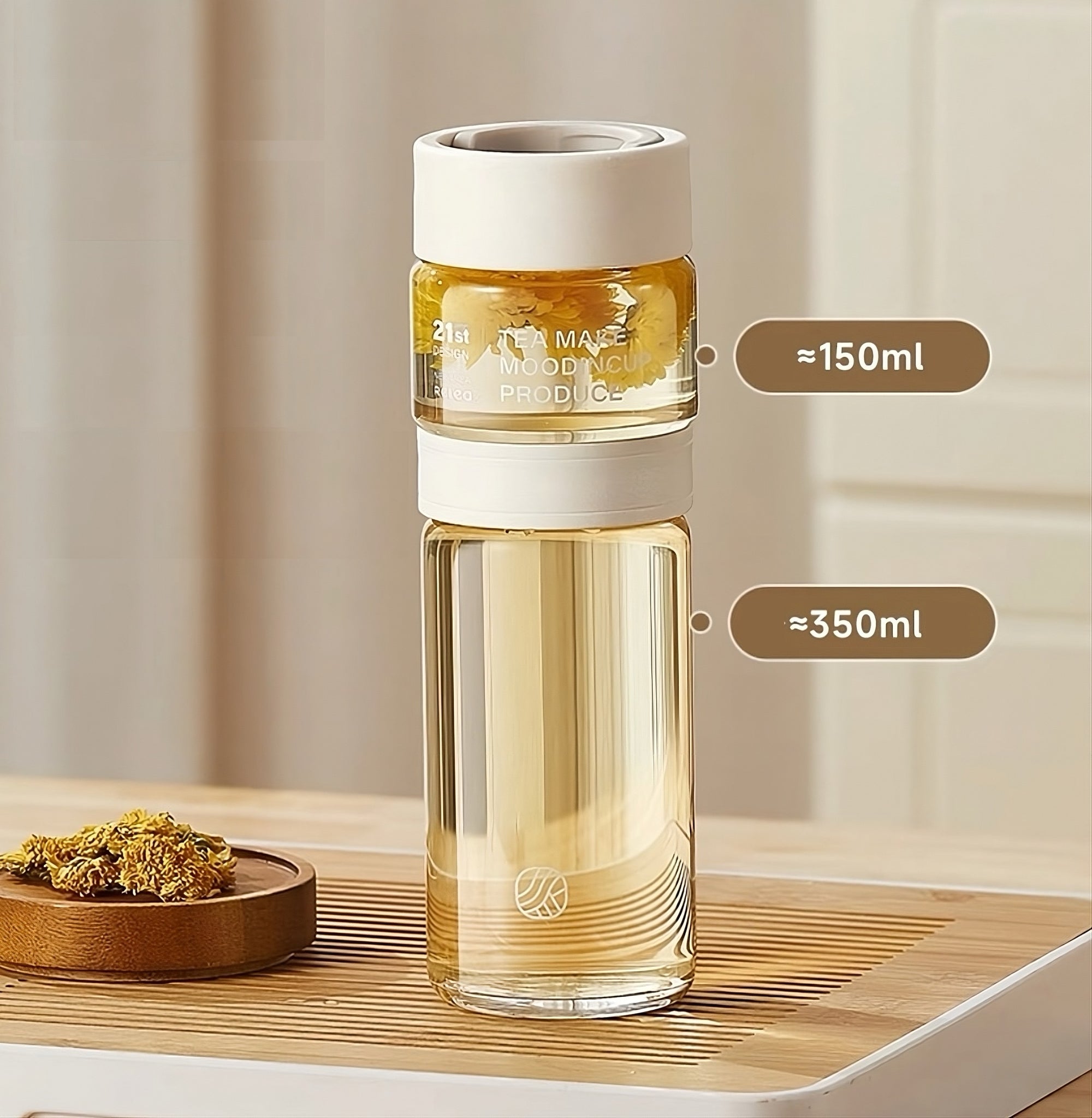 Clear glass bottle with white cap on a wooden surface, containing a liquid.